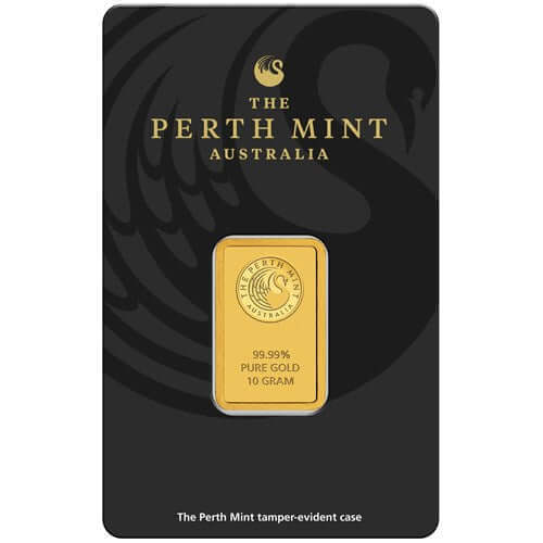 Perth Mint 10g fine gold bar in sealed protective assay package.