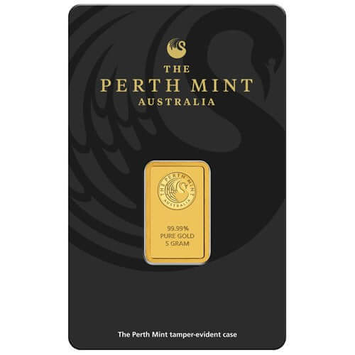 Perth Mint 5g Gold Bar in sealed protective assay package with .9999 fine gold