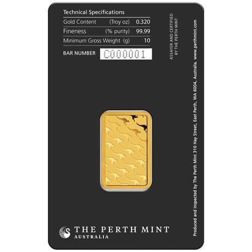 10g Perth Mint fine gold bar in sealed protective assay package displaying technical specifications.