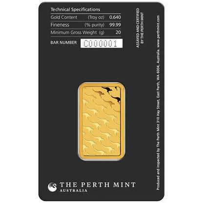 20g Perth Mint gold bar with diagonally repeating kangaroo design on assay card listing weight and authentication details.