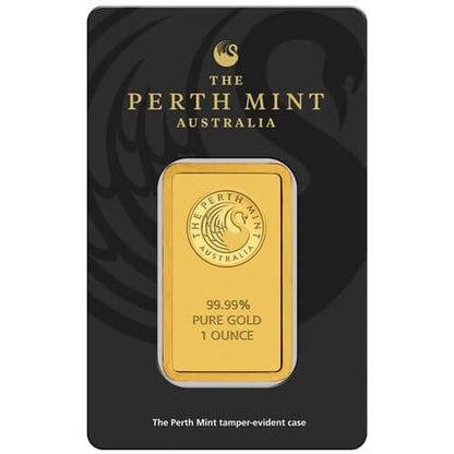 The Perth Mint 1 Oz Gold Bar in tamper-evident packaging displaying 99.99% pure gold content.