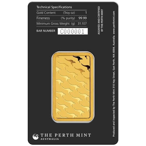 1 Oz Perth Mint gold bar with 99.99% purity in black assay card displaying kangaroo design and unique serial number