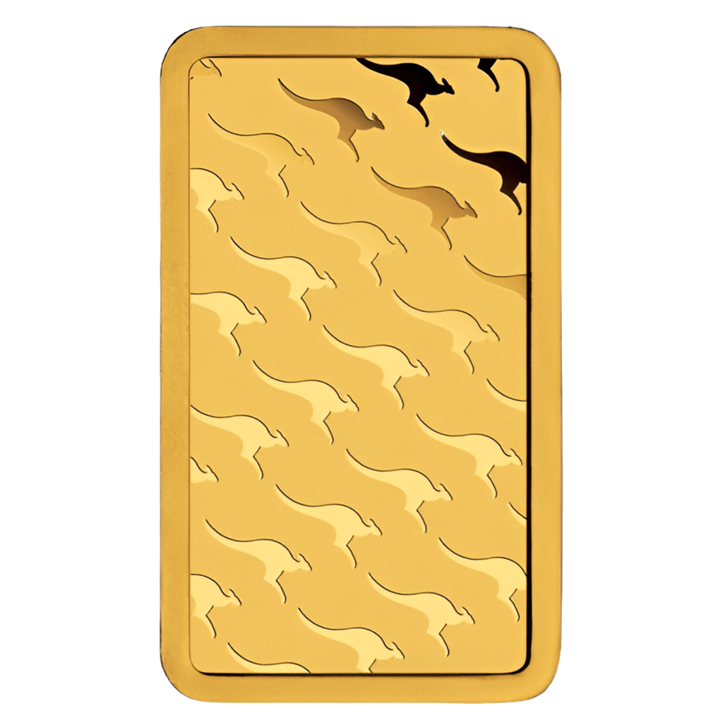 Front view of a Perth Mint 5g Gold Bar with kangaroo design in .9999 fine gold