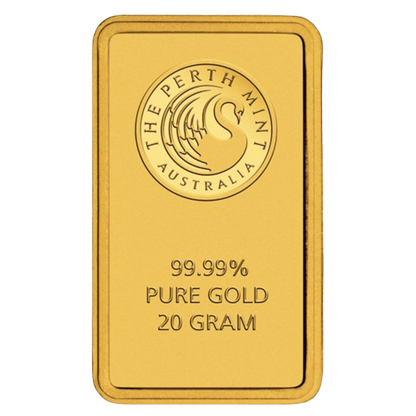 20g Perth Mint Gold Bar with 99.99% purity and Perth Mint logo