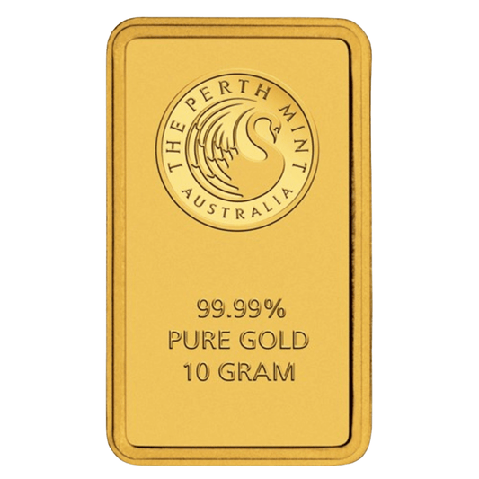 10 gram fine Perth Mint gold bar with .9999 purity