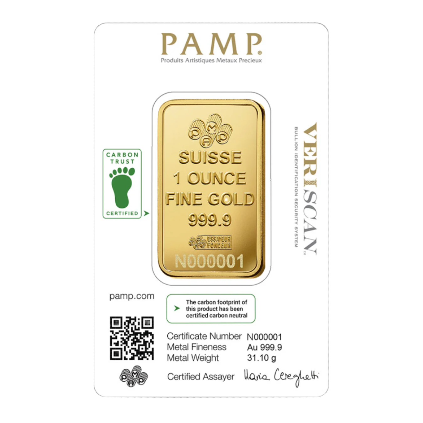 1 oz PAMP Suisse Lady Fortuna Veriscan Gold Bar